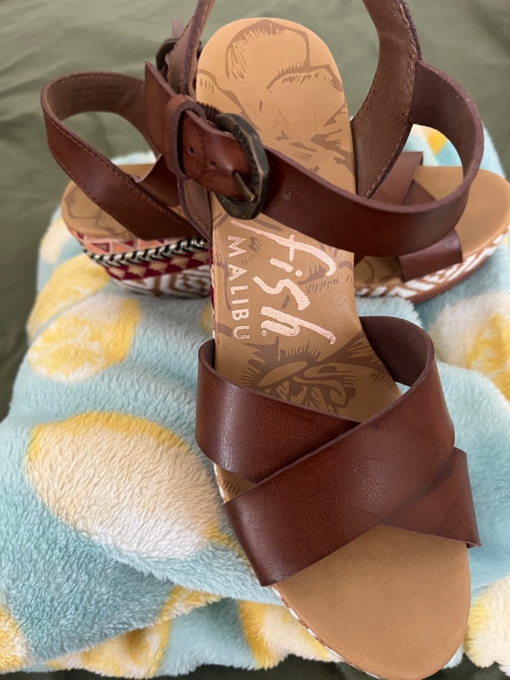 Blowfish Brown Leather Strappy Platform Sandals with Woven Accent
